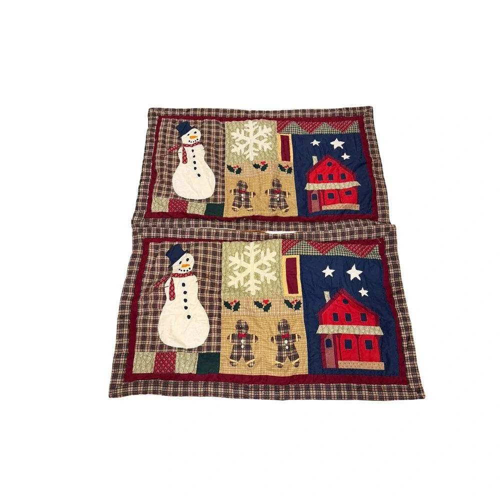 Vtg Set 2 Quilted Christmas‎ king sized Pillow Sham Snowmen Gingerbread Holiday